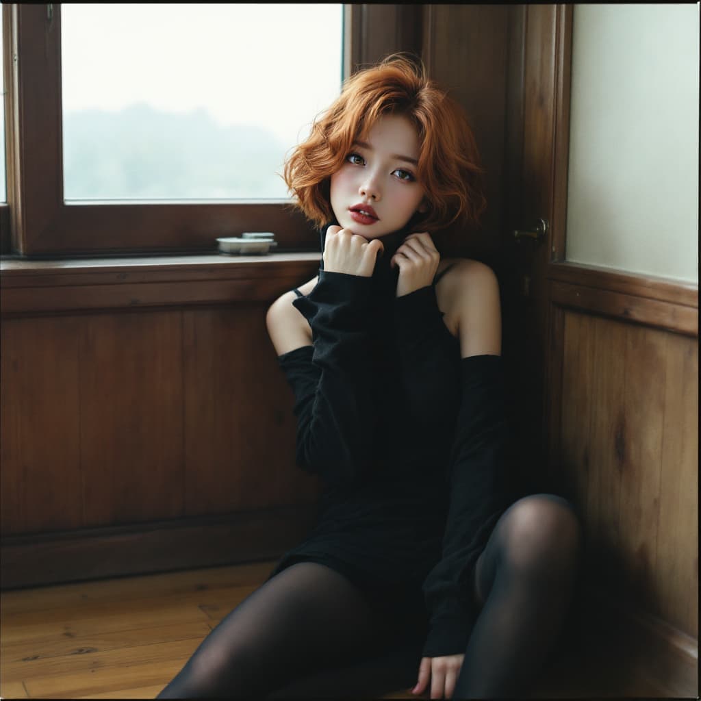 AI generated: photo, a cute Asian woman, oily, sitting pose, on wood flooring the corner, cottage core home,  natu...