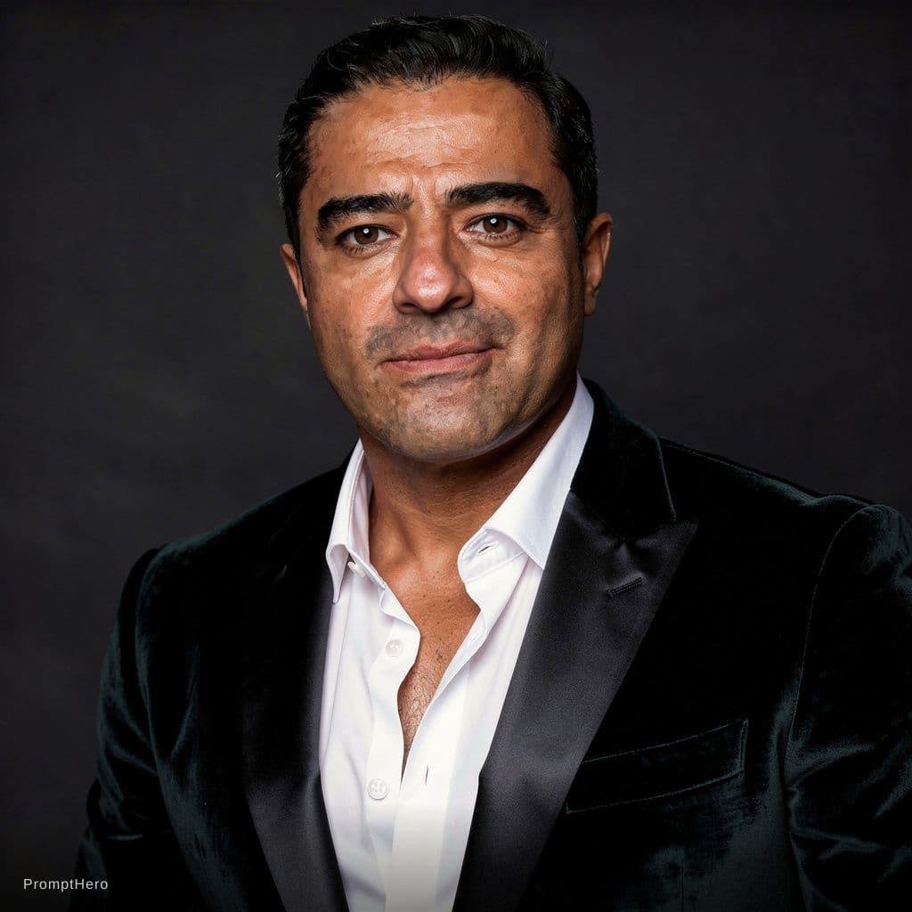 AI generated: Portrait of a 43-year-old Mexican man, deep brown skin, close-cropped hair, trimmed beard, wearing a...