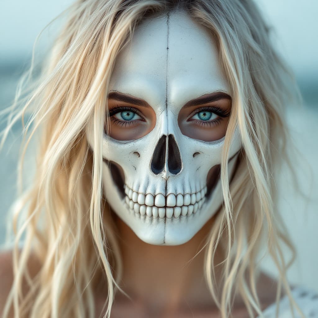 AI generated: photo portrait of a blond woman wearing a white skull and bone mask, blue eyes, looking at camera, f...
