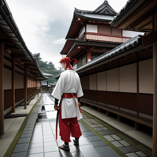 AI generated: The 28 year old man holds a sword in the background of Kyoto city. traditional Japanese house buildi...