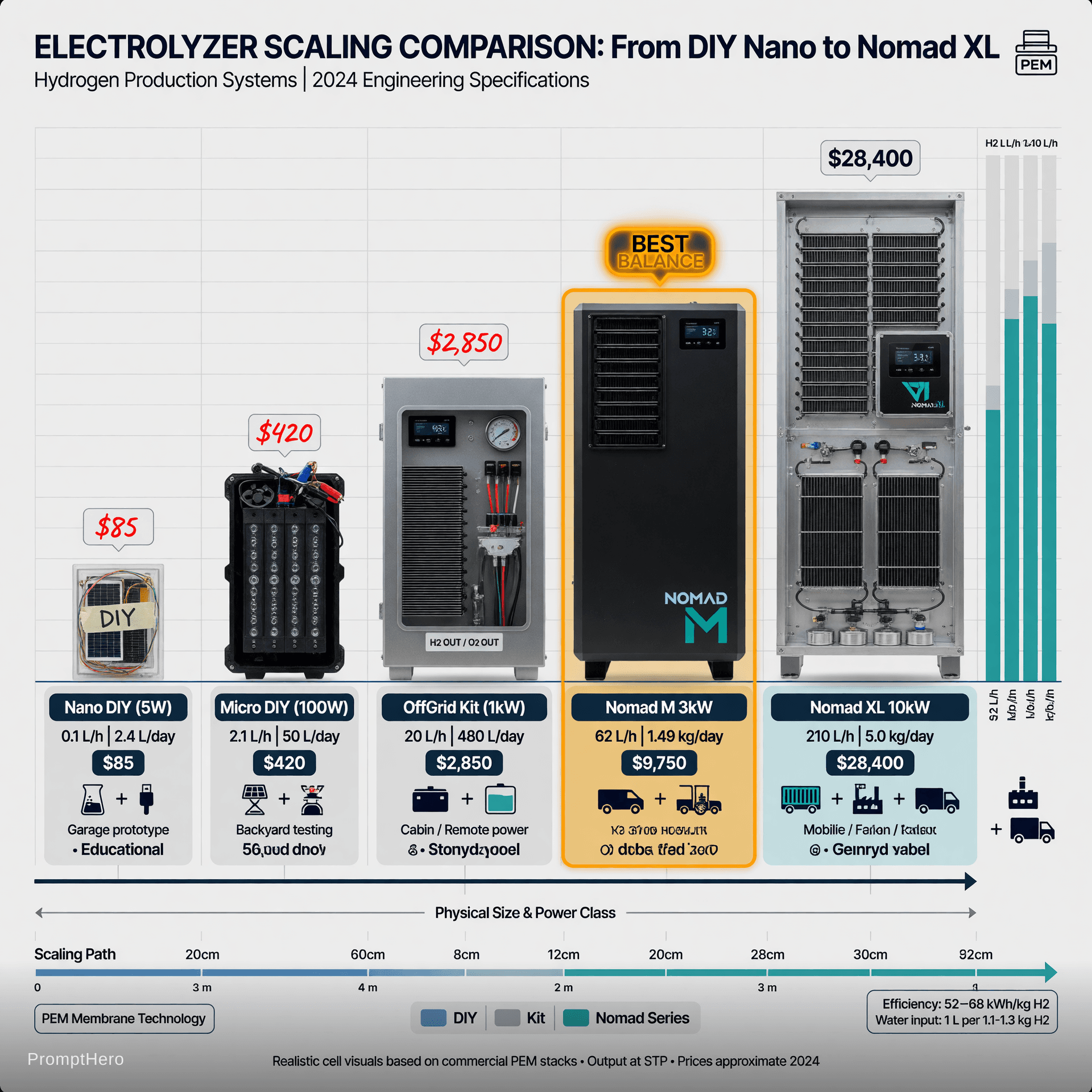 AI generated: Clean professional technical comparison chart illustration showing electrolyzer scaling from DIY Nan...