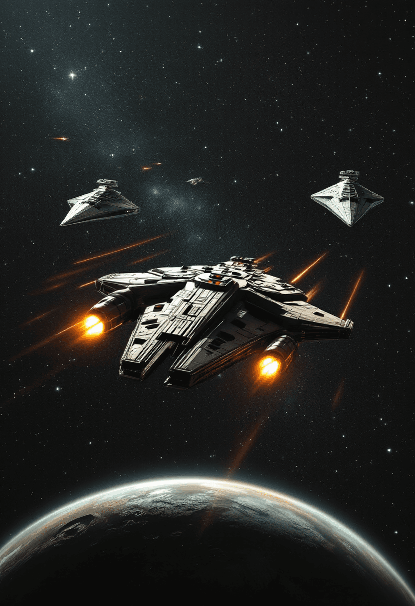 AI generated: a futuristic Star Wars scene of the millennium falcon being chased by 3 Star destroyers. The backgro...