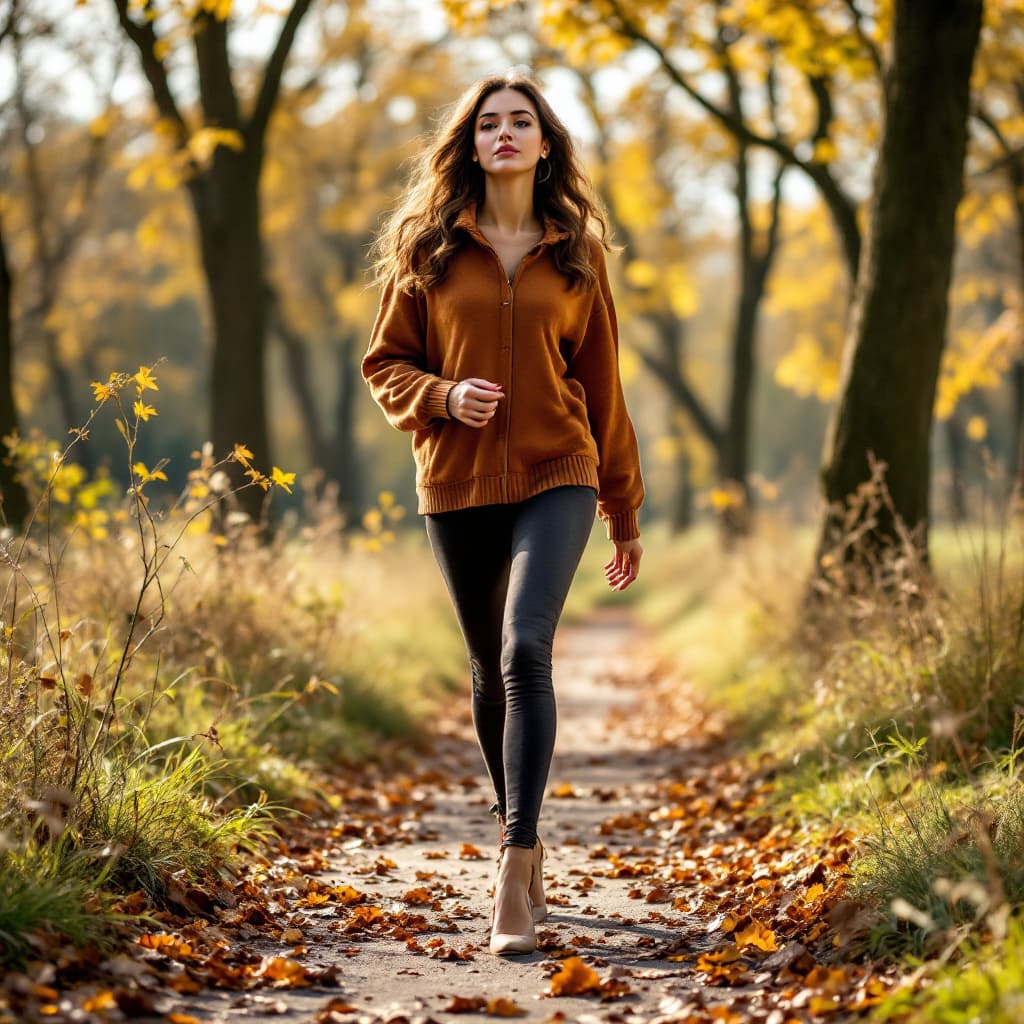 AI generated: 21 year old skinny women walking in the park wearing leggings and high heels 