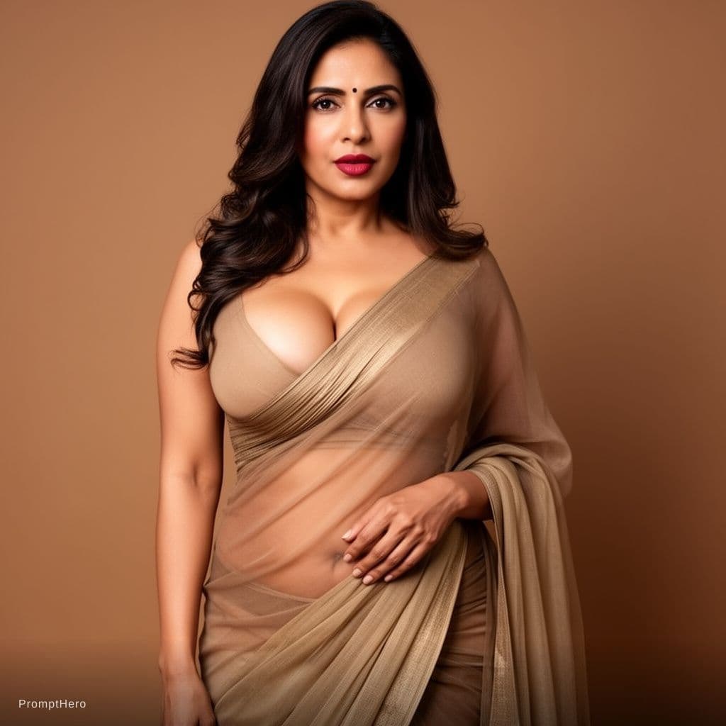 AI generated: a beautiful indian milf with big tits and slim waist, like a model making a horny face, in see throu...