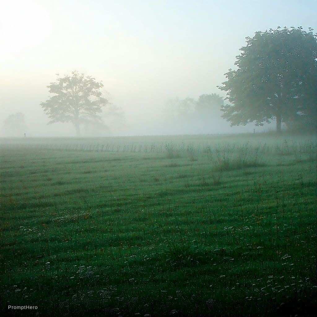 AI generated: Scenery: "Mist"—early morning, the meadow shrouded in mist. A sense of cool restraint.