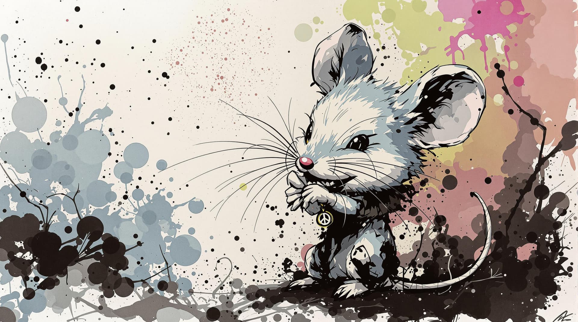 AI generated: cute Mouse with straight face grabing a peace charm, detailed,ink style,Ink splash art on the backgr...