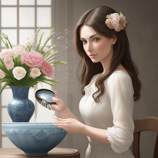 AI generated: Brunette woman with a porcelain vase in her hand pouring water into a flowered porcelain bowl.