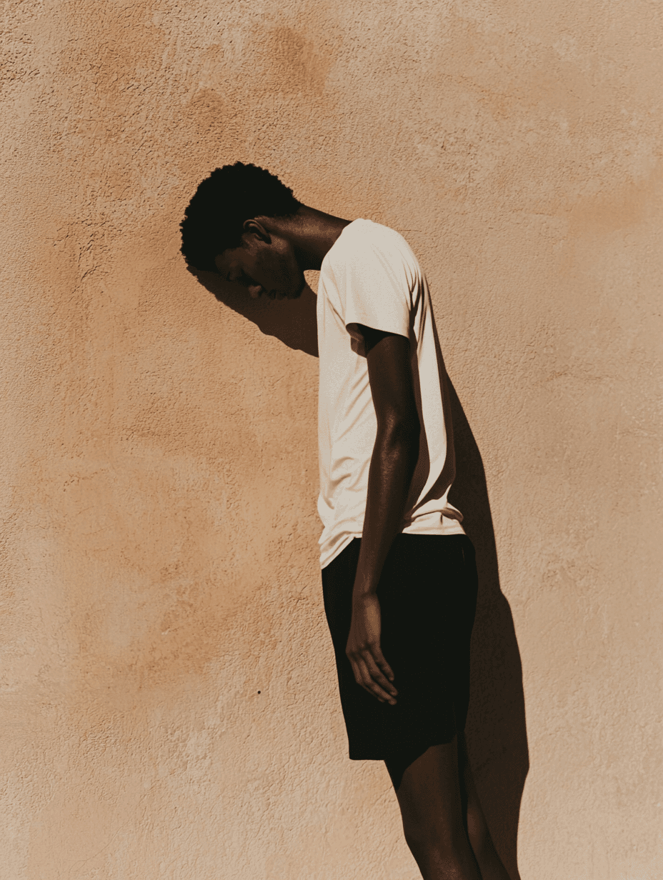 AI generated: A French in a white t-shirt and black shorts, leaning against a wall with his head down, the shadow ...