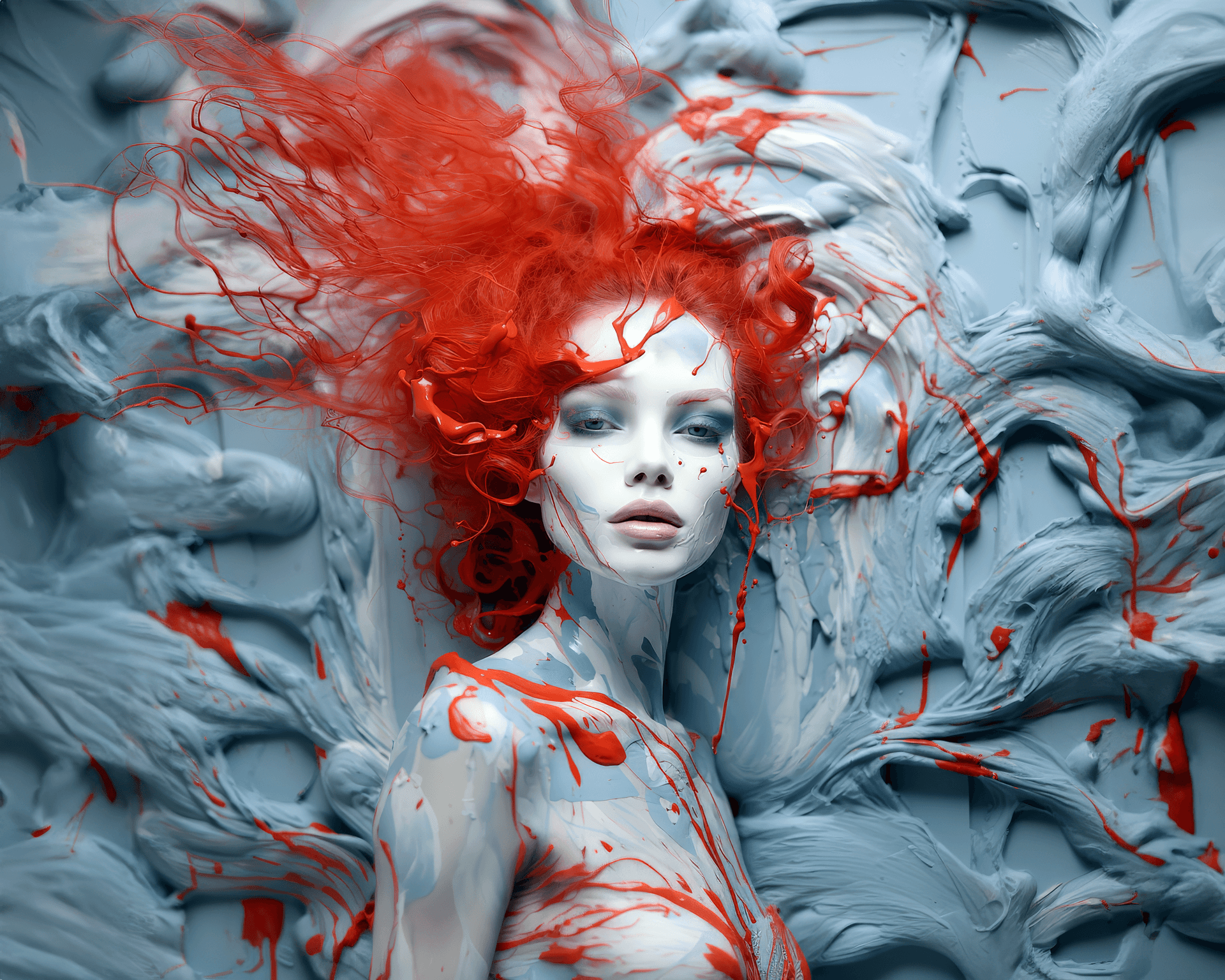 AI generated: a doll with red splashed paint on her face, in the style of fluid, organic forms, uniformly staged i...