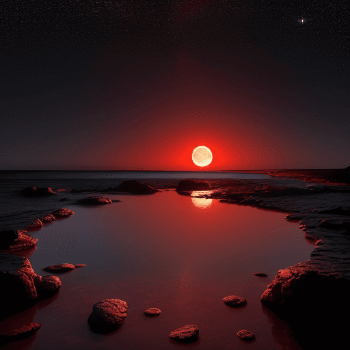 AI generated: A dazzling crimson moon hangs low in the night sky over the vast expanse of the ocean, casting a fie...