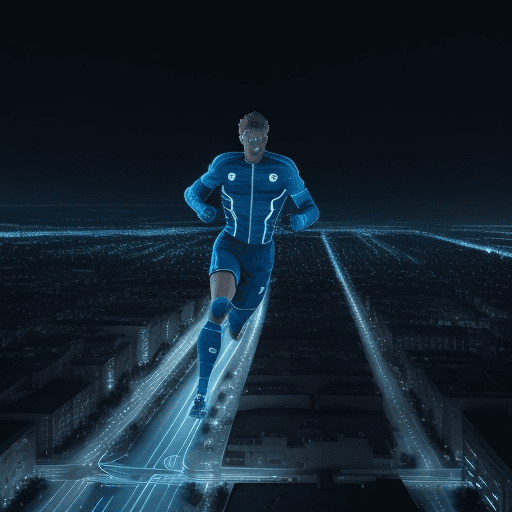 AI generated: amazing lightingbolt man, blue color, he is running on an empty street, glowing, reflective, highly ...