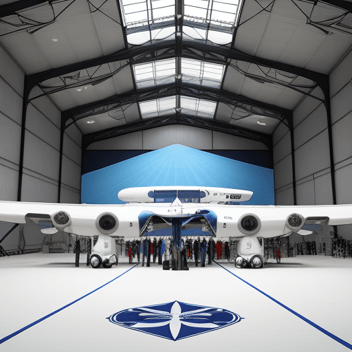 AI generated: Inside a spacious hangar with white interiors, a dazzling fashion show is taking place. The shiny bl...