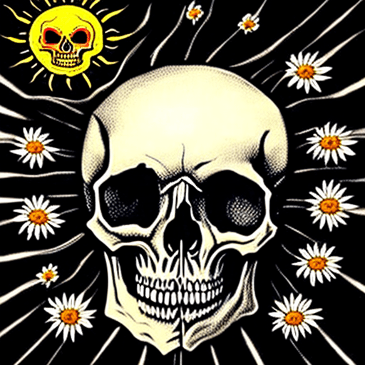 AI generated: A skull with tousands flowers in eyes, looking the sun in the black sky