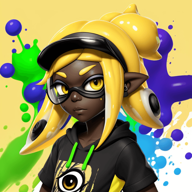 AI generated: splatoon, inkling, dark skin, yellow hair, visor, spiral eye, hypno