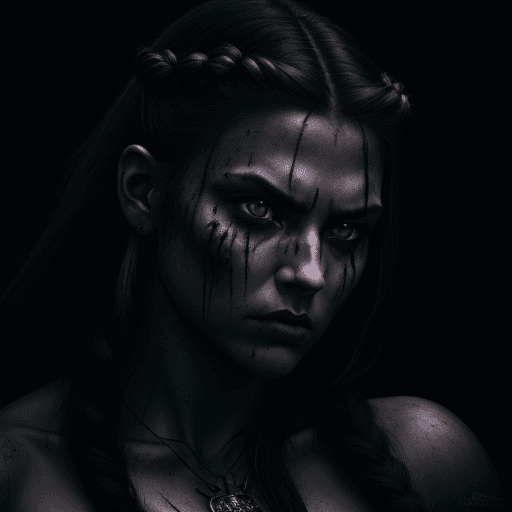 AI generated: cinematic film still dramatic side lighting, dramatic intense stare closeup portrait, dark black bac...
