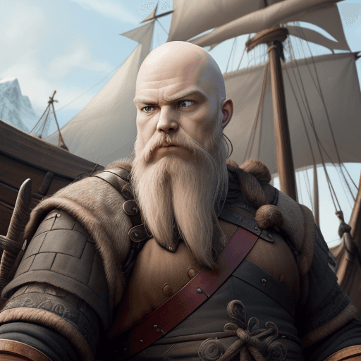 AI generated: Hyper-realistic eye level exterior photo of a bald Viking Man with a beard on a Viking longship hold...