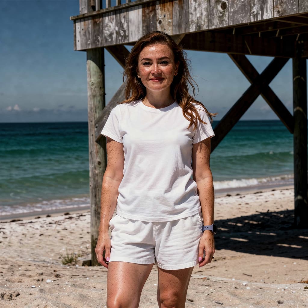 AI generated: realistic cinematic image with dark shadows and high contrast,

A fit 28yo woman standing on a sandy...
