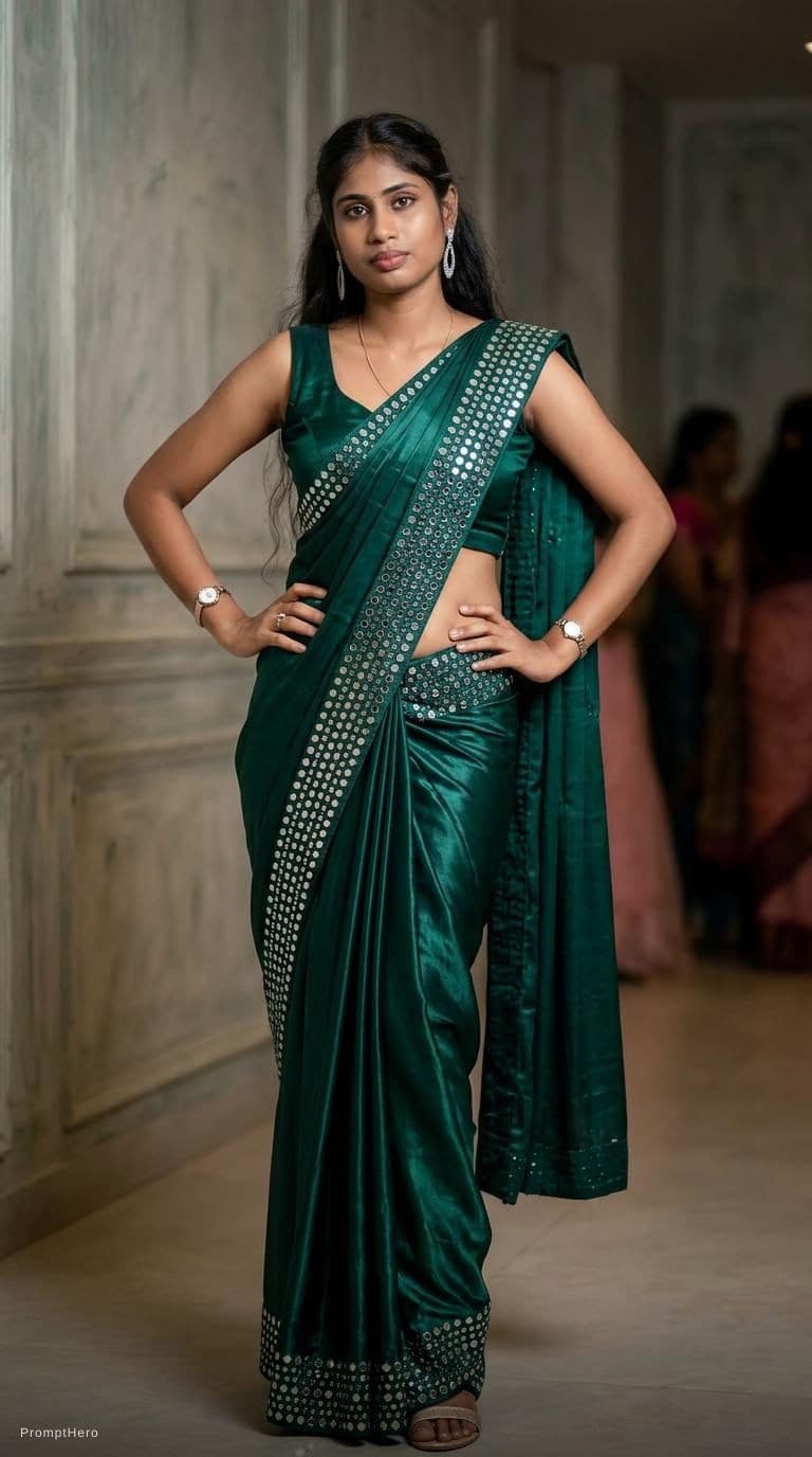 AI generated: Tamil girl. modern sexy glossy mirror saree, wearing saree saree saree model. glossy mirror saree Na...