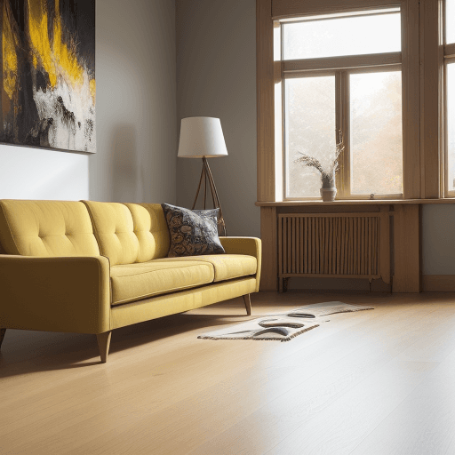 AI generated:  Photograph, living room, integration of oak flooring and rug features, abstract art canvas, creatin...