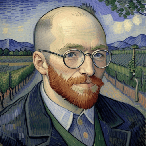 AI generated: [van gogh | matisse] three-quarter portrait of himself of a happy, smiling bald older man with a cou...