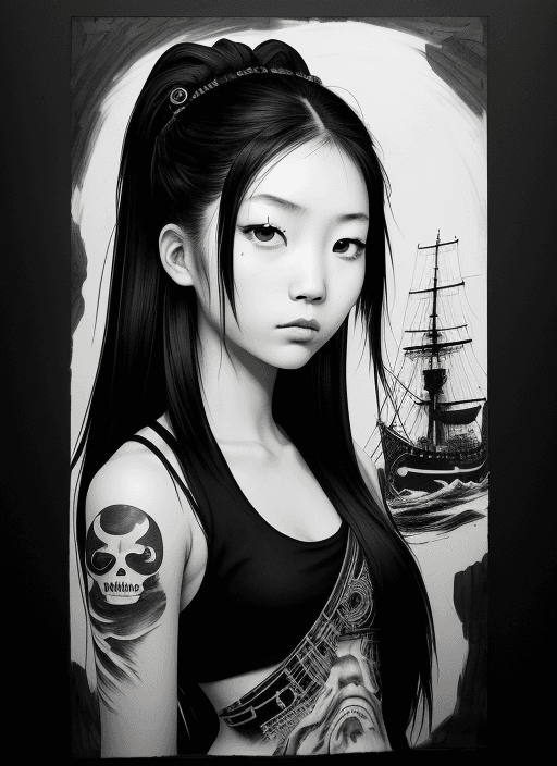 AI generated: portrait of an asian girl, 18 y.o., in the style of piratepunk, monumental ink paintings, i can't be...