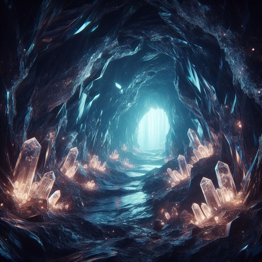 AI generated: A glowing crystal cave, volumetric lighting, f:1. 2, 4k