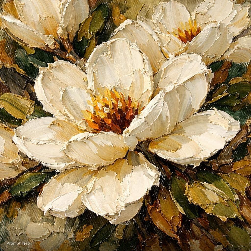 AI generated: A high-relief impasto oil painting of white blooming magnolias. The artwork features heavy, sculpted...