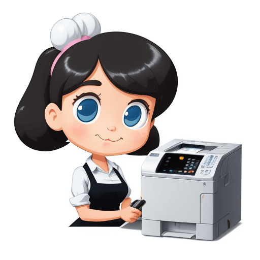 AI generated: a cute girl working whit her printer, cartoon style big head