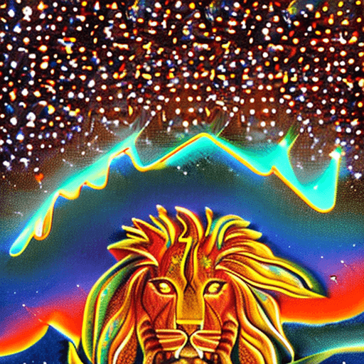 AI generated: A  majestic very big up close fiery lion   a fiery sky in Outer Space with Galaxy dark Sky,  a dream...