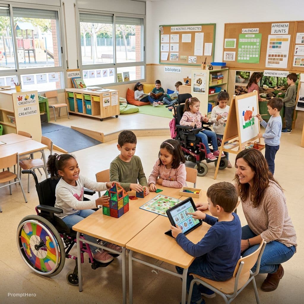 AI generated: nens i nenes treballant en una aula amb diferents propostes i accés. Hi ha nens en cadires de rodes,...