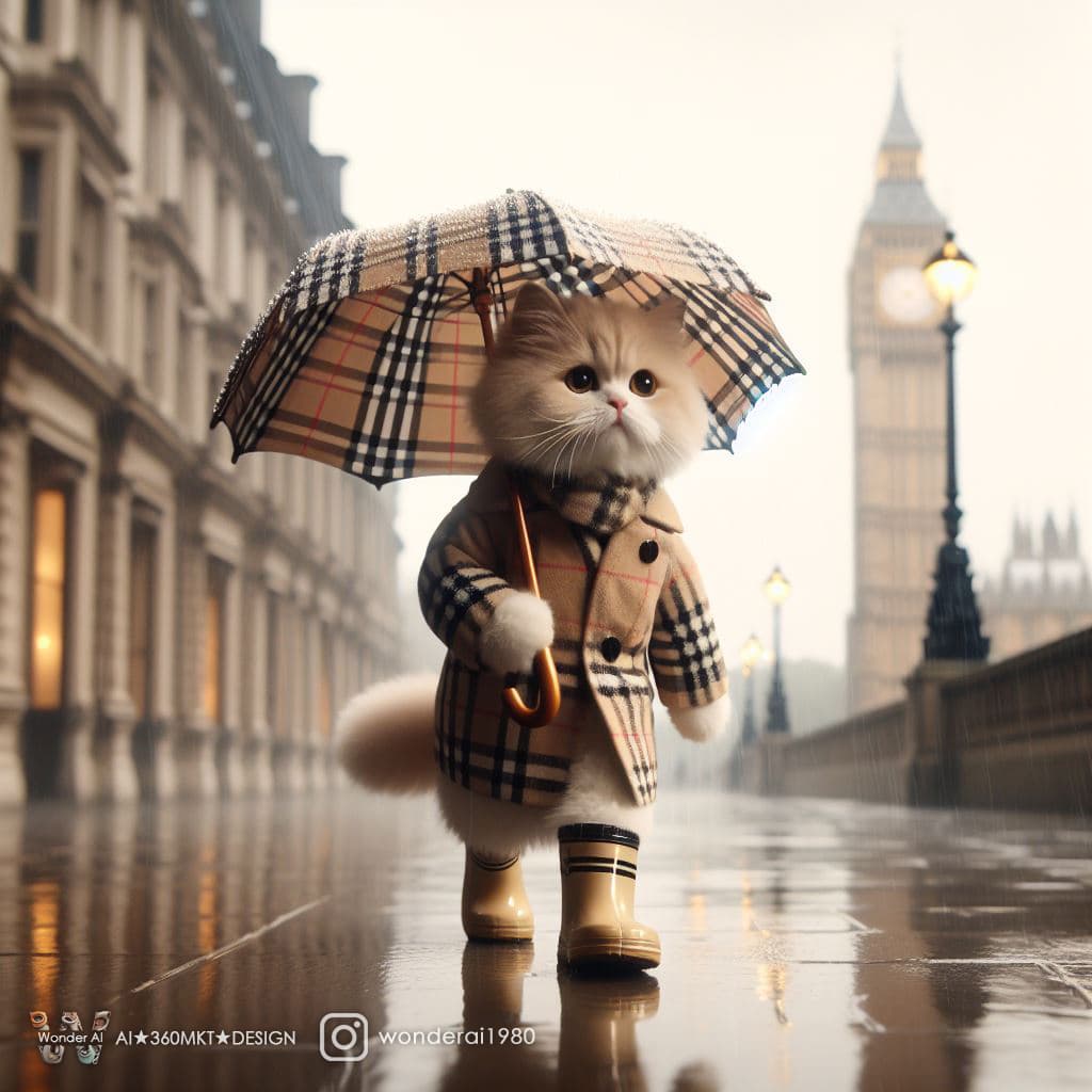 AI generated: anthropomorphic real adorable cream-colored cat, wearing a pensive ex-pression, clad in a classic Bu...