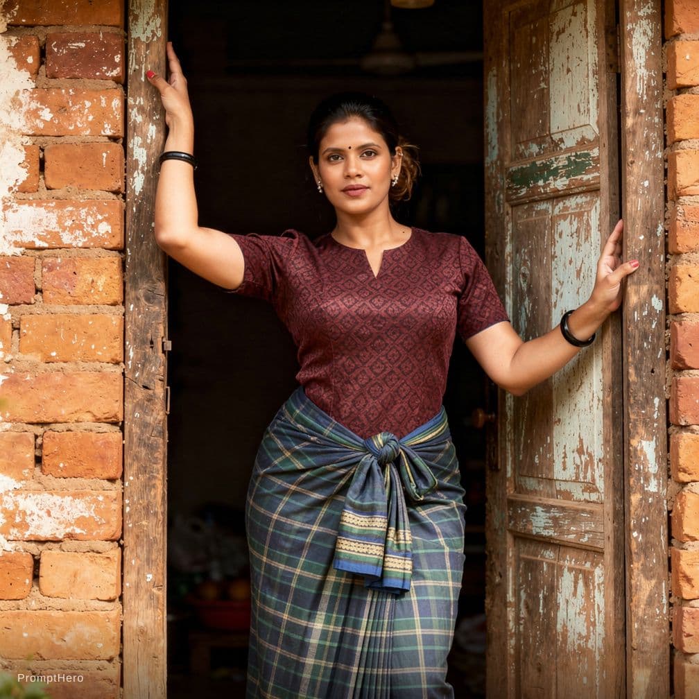 AI generated: A confident young woman standing in a narrow rustic doorway of an old brick house, natural candid po...