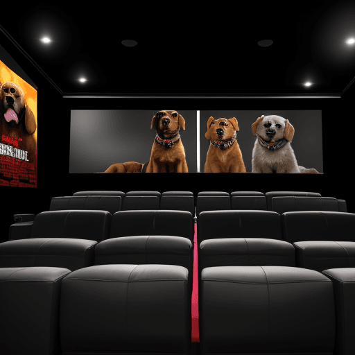 AI generated: generate a dog watching high res cinema hall
