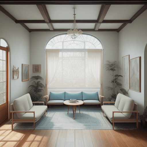 AI generated: High resolution photography interior design, dreamy sunken living room conversation pit, wooden floo...