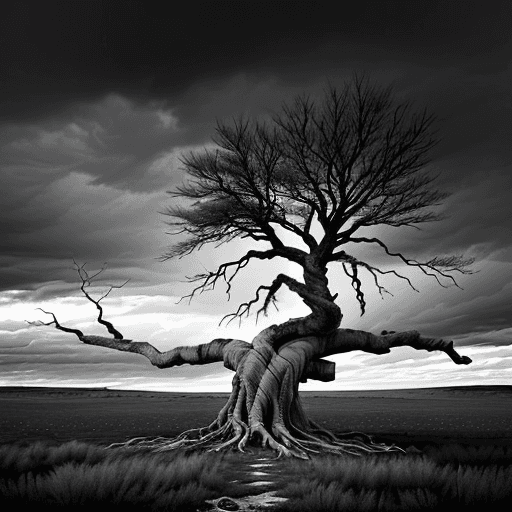 AI generated: An ancient tree in a desolate and sad landscape. The scene is completely in black and white, increas...