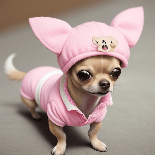 AI generated: Create a female Chihuahua dog with pink clothes in a very cutesy environment
