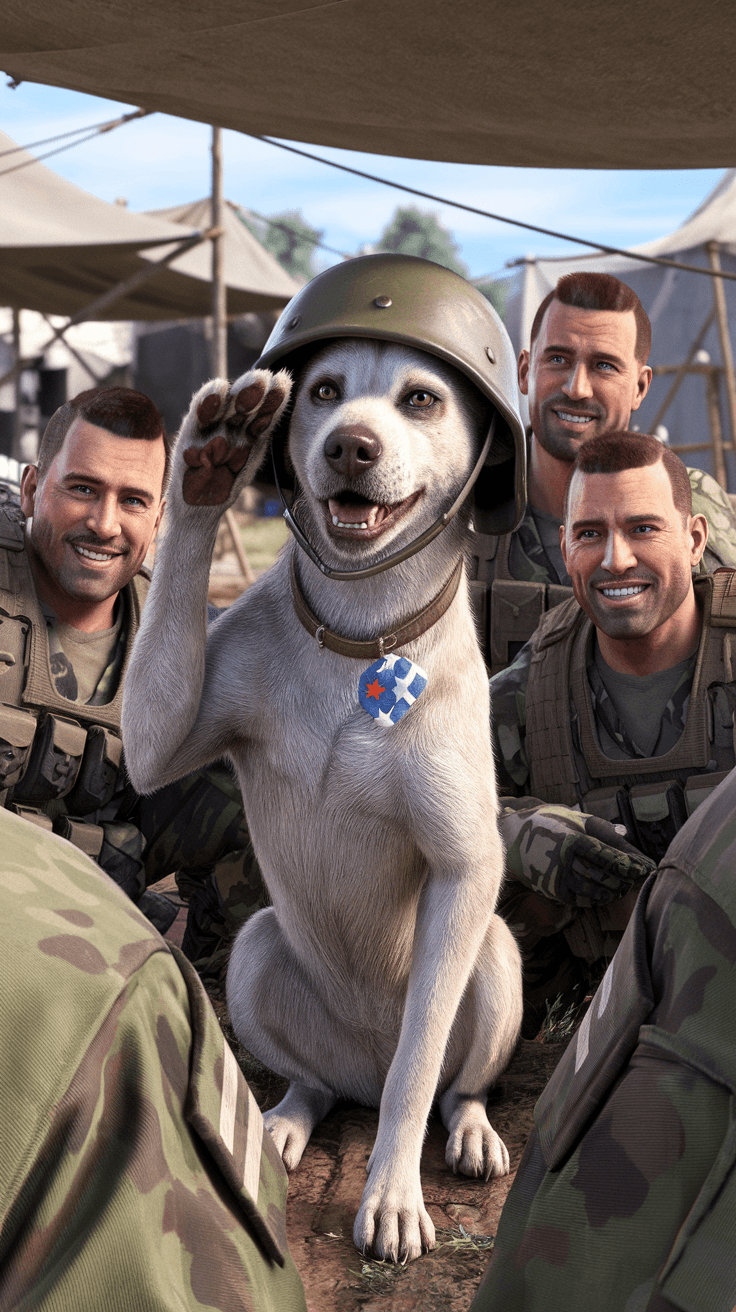 AI generated: Stray dog ​​in military helmet makes military salute with front paw surrounded by smiling soldiers. ...