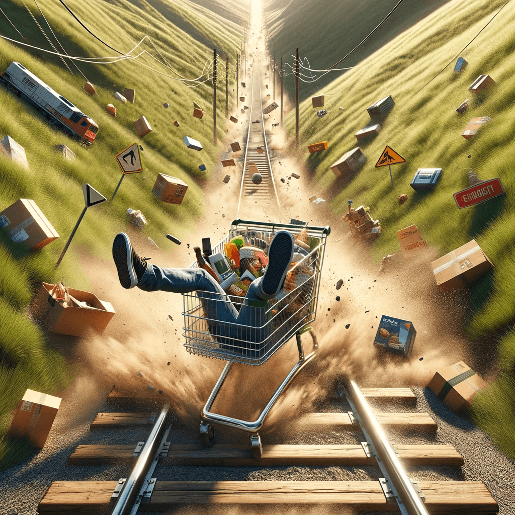 AI generated: In this wild and realistic second view (PoV) scene, a person precariously lies in a shopping cart, n...