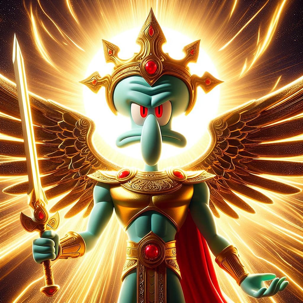 AI generated: Mr.Squidward is the mightiest god wielding his sword, red eyes, heroic pose, divine and celestial li...