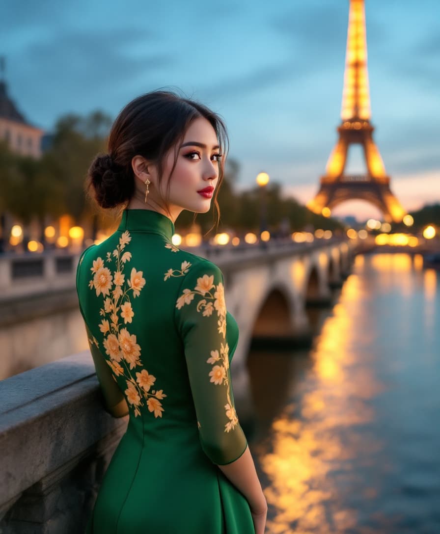 AI generated: Young women, elegantly dressed in vibrant emerald green traditional Vietnamese ao dai and European a...