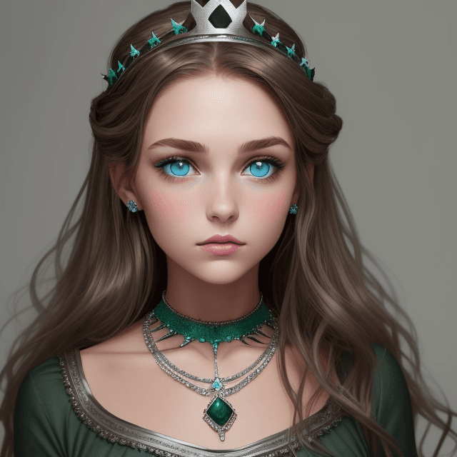 AI generated: she is a girl, american in appearance, she has brown hair and blue eyes, she has a silver crown on h...