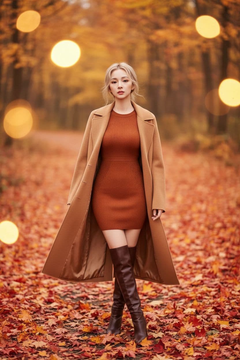 AI generated: elegant short Chinese lady with voluptuous hips standing on red maple leaf path, wearing camel cashm...
