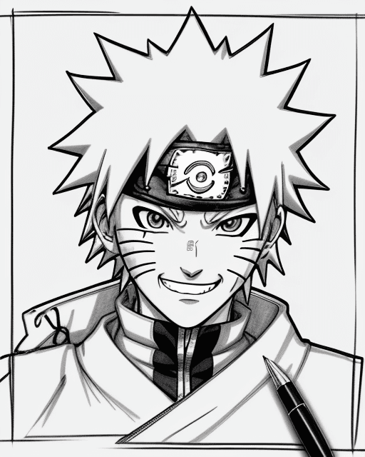 AI generated: smile face Naruto Uzumaki, illustration line art, anime, manga, pen sketch, pen drawing, inking, bla...
