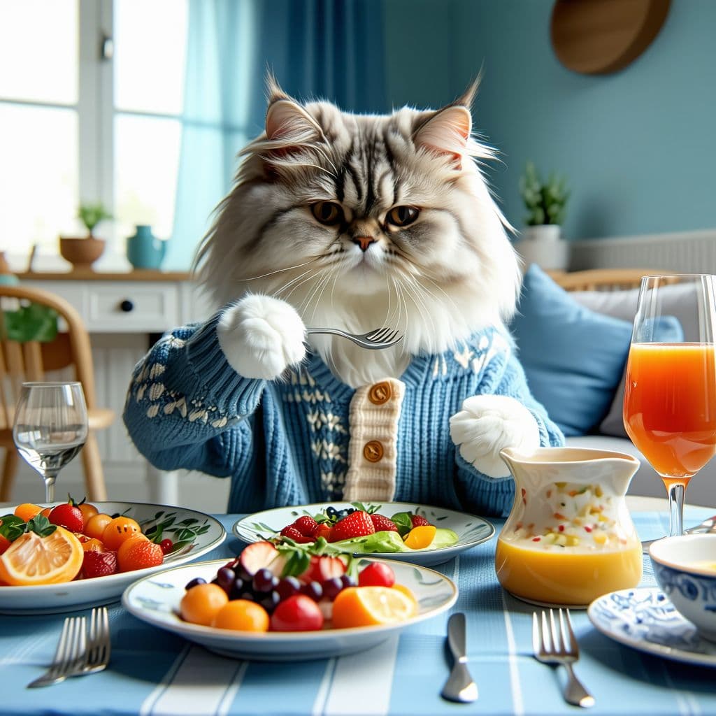 AI generated: In the bright Nordic decorated home living room scene, a real adult anthropomorphic cat wearing home...