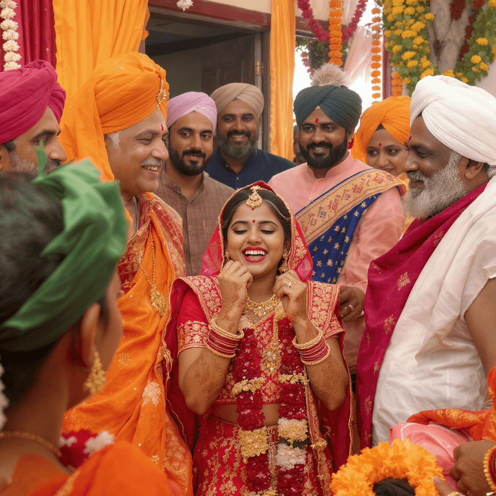 AI generated: A laughing girl in the marriage function with her friends around the many religions people 