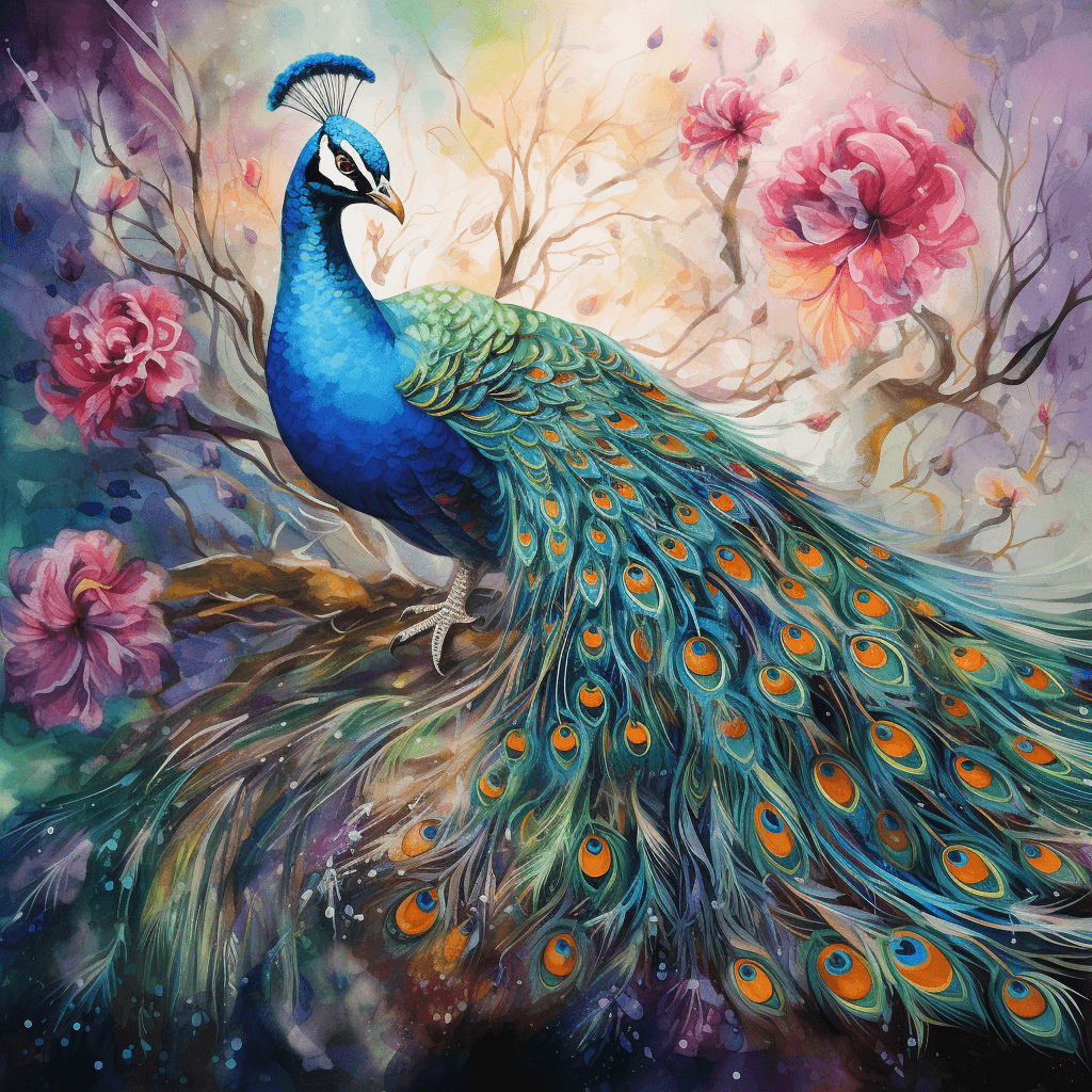 AI generated: Peacock, extravagant, wet-into-wet technique, textured watercolor paper, opulent garden, impressioni...