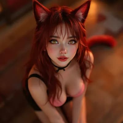 AI generated video: Innocent stare. Very blushed. Cat ears twitch, move and swivel. Tail curls, swishes and moves.