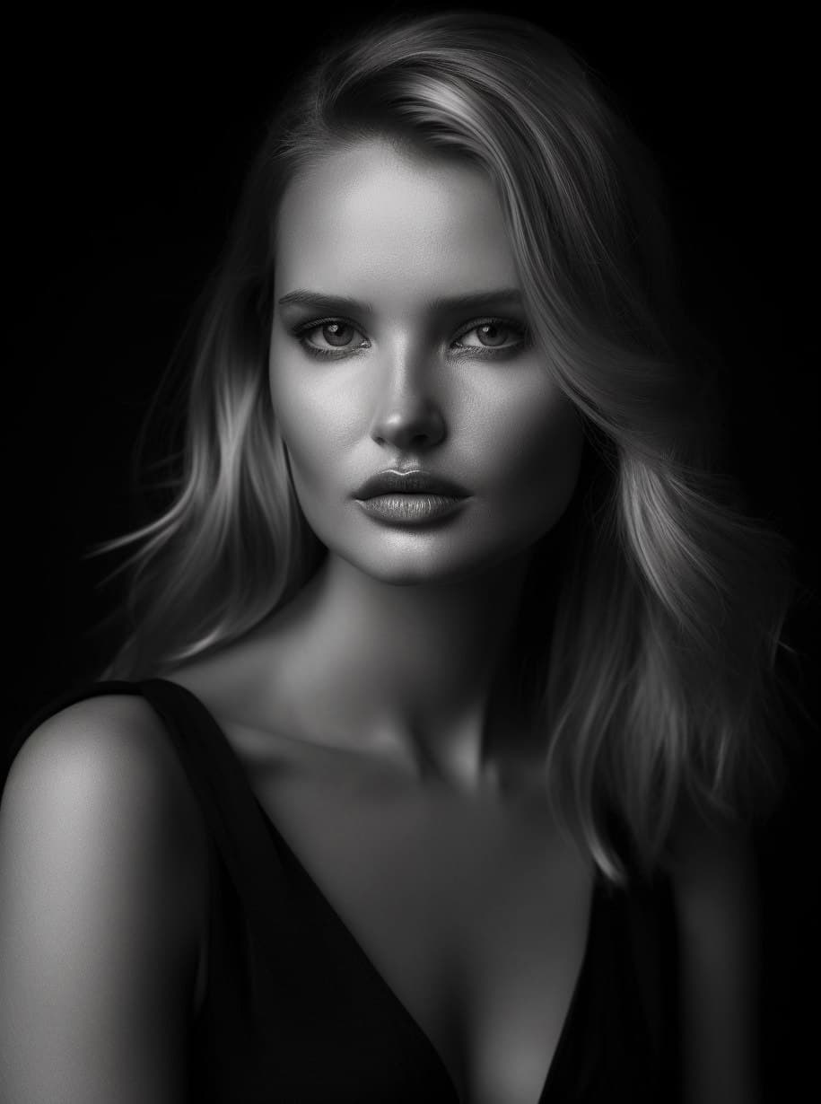 AI generated: a woman in a black dress posing for a picture, a portrait, by Emma Andijewska, lara stone, dewy skin...