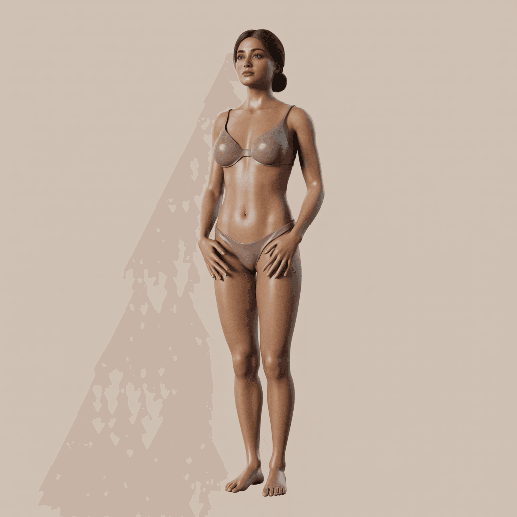 AI generated:  "A hyper-realistic, ultra-detailed full-body depiction of the same woman (173 cm) with a tall, well...