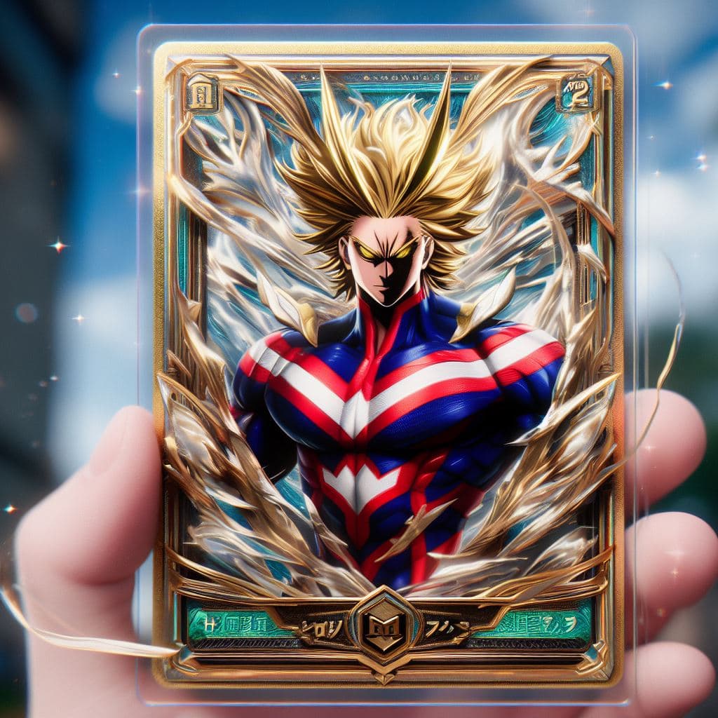 AI generated: "A SHINY RARE ALL MIGHT Japanese CARD from MY HERO ACADEMIA with elegant features in the style of a ...